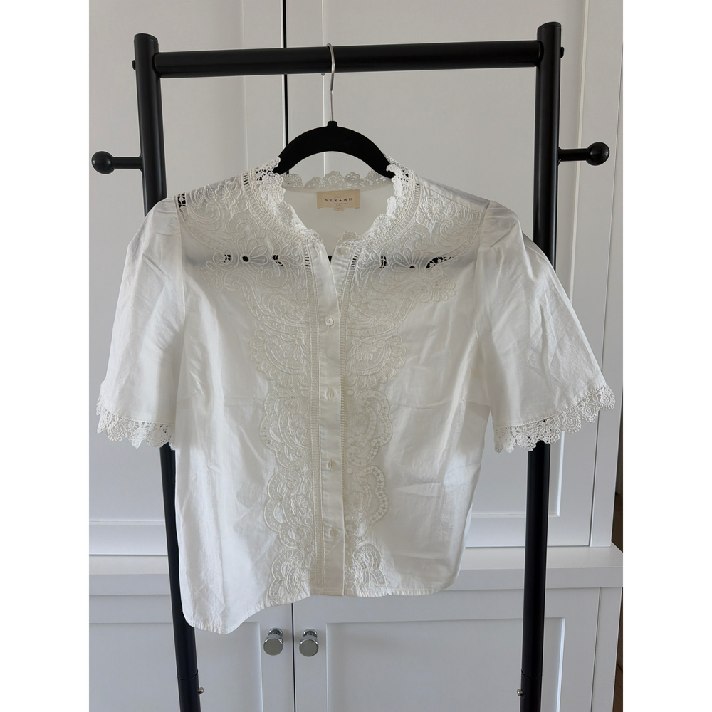 Sézane White Embroidered Lace Short Sleeve Blouse - Picture 2 of 4